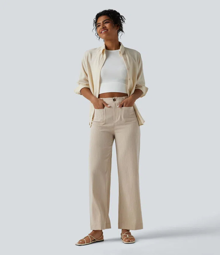 High Waisted Straight Leg Casual Linen-Feel Trousers with Pockets