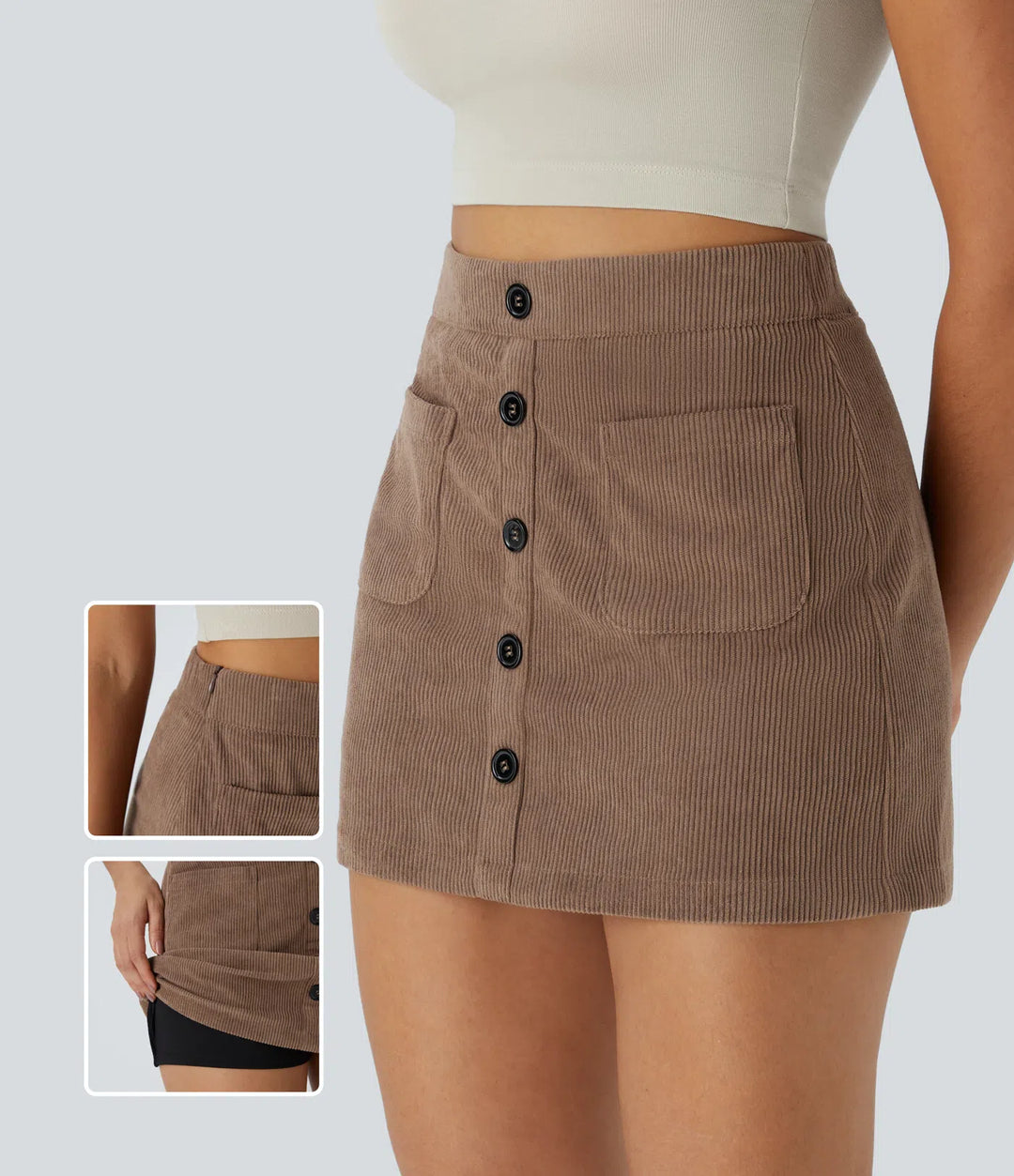 High Waisted Button Front Side Pocket Zipper 2-in-1 Corduroy Mini Casual Skirt