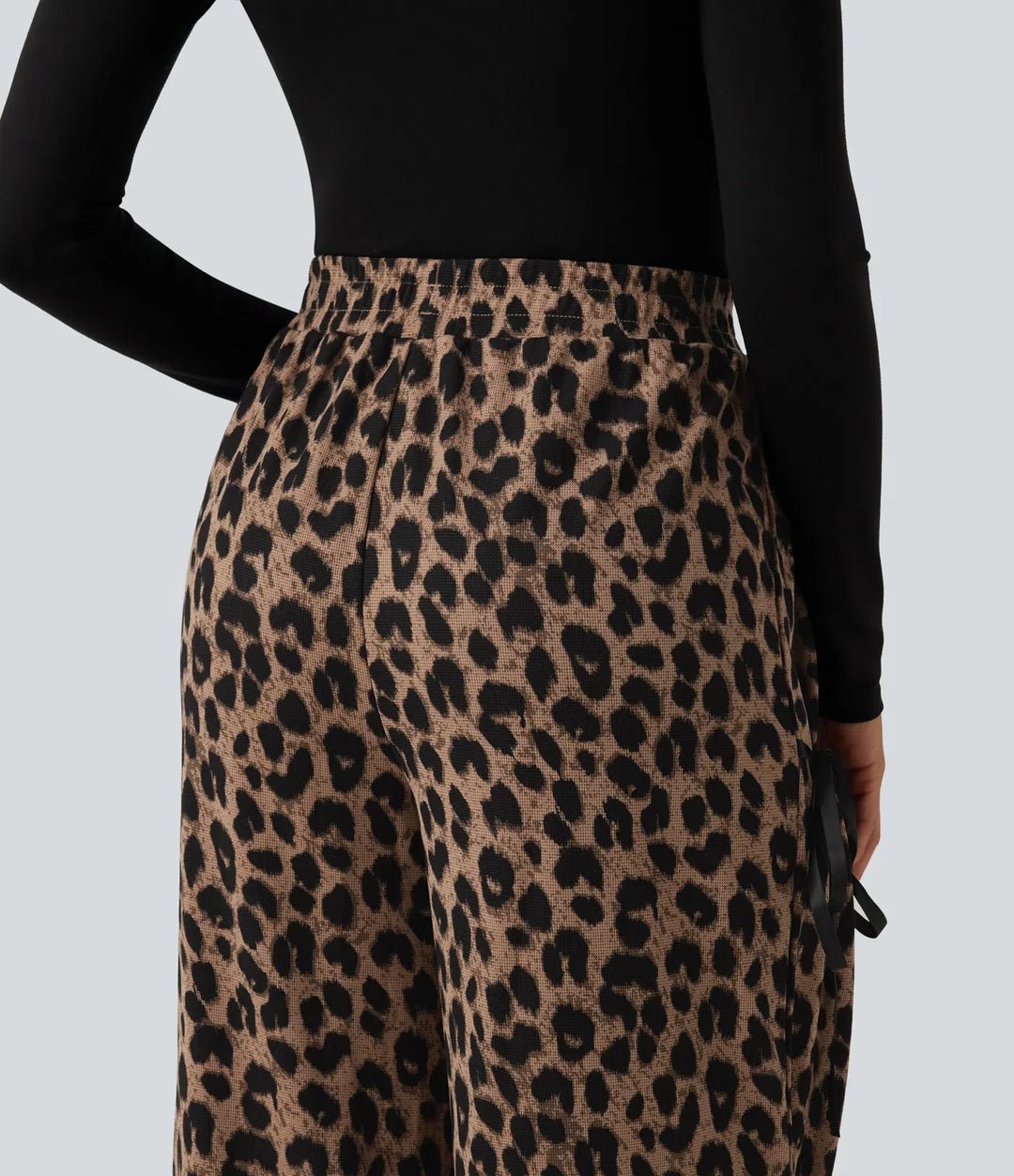 High Waisted Leopard Print Waffle Wide Leg Casual Trousers with Pockets