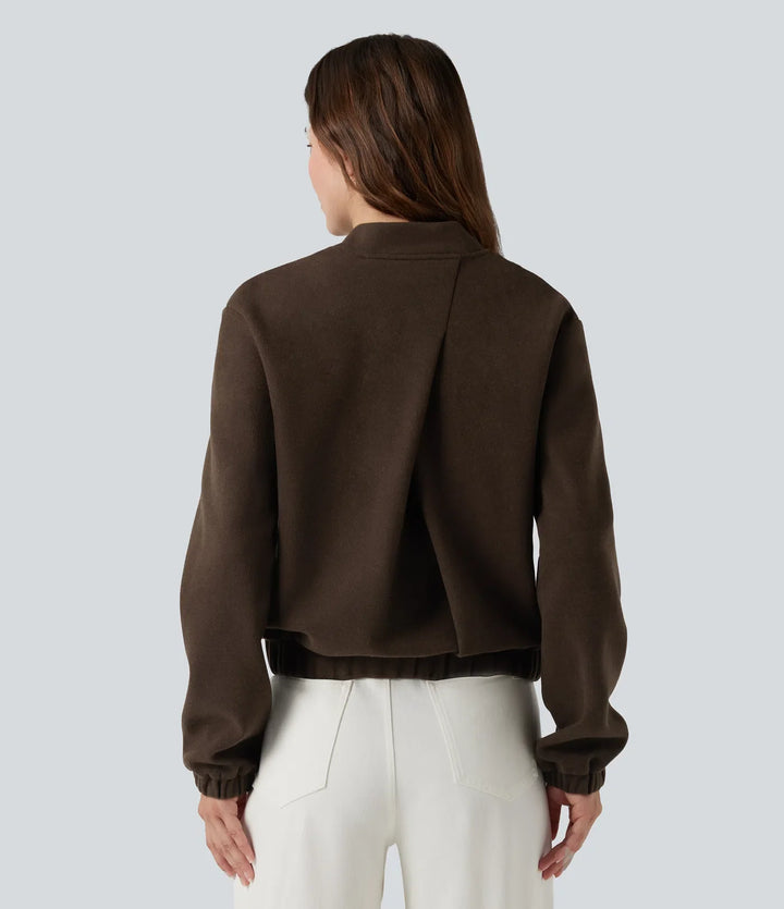 Crossover Back Long Sleeve Fleece Casual Jacket with Pockets