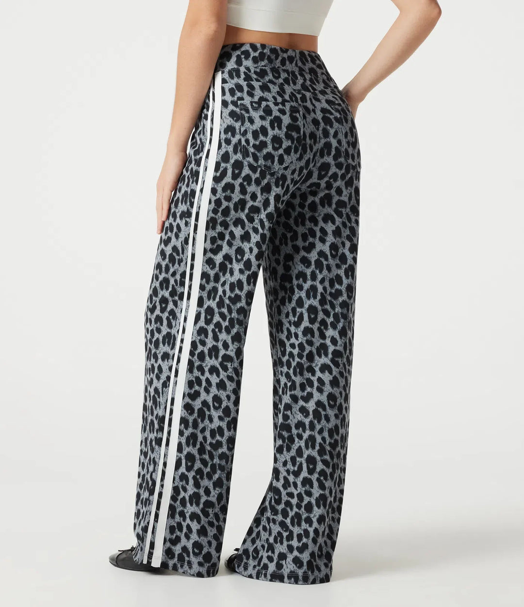 High Waisted Baggy Color Block Leopard Print Waffle Casual Trousers with Pockets