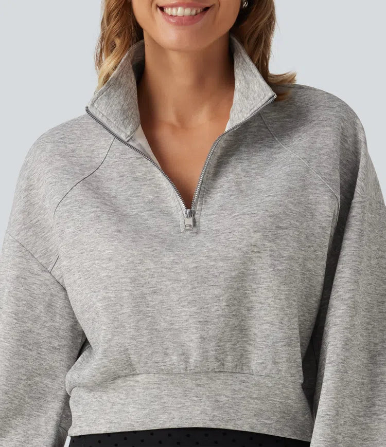 Stand Collar Half-Zip Raglan Long Sleeve Casual Cropped Sweatshirt