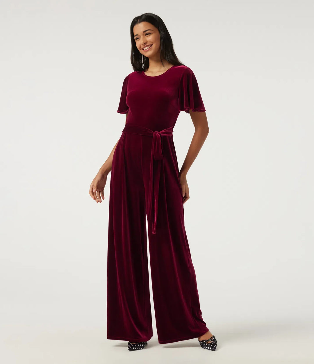 Round Neck Flounce Short Sleeve Keyhole Back Tie Front Velvet Party Jumpsuit with Pockets -Easy Peezy Edition