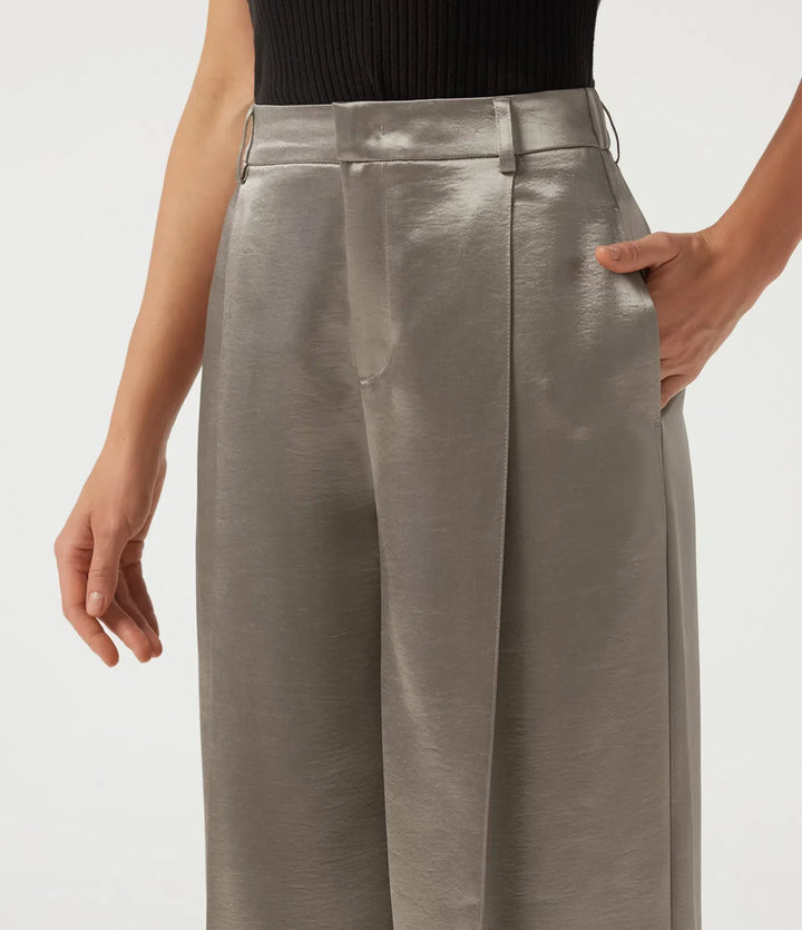 High Waisted Straight Leg Satin Work Trousers with Pockets
