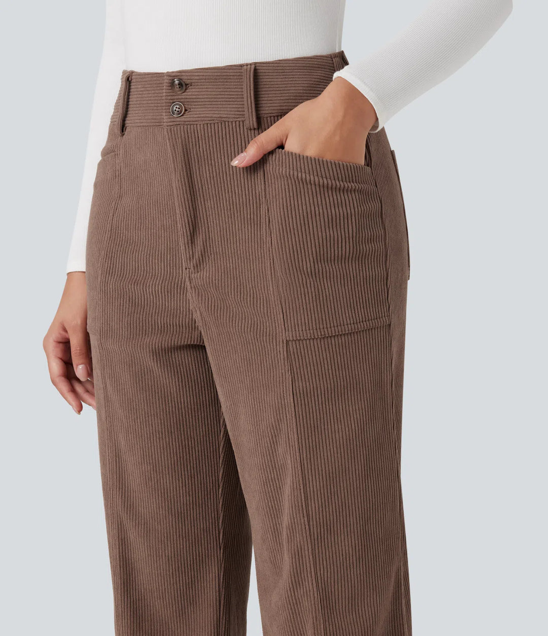 High Waisted Corduroy Casual Straight Leg Trousers with Pockets