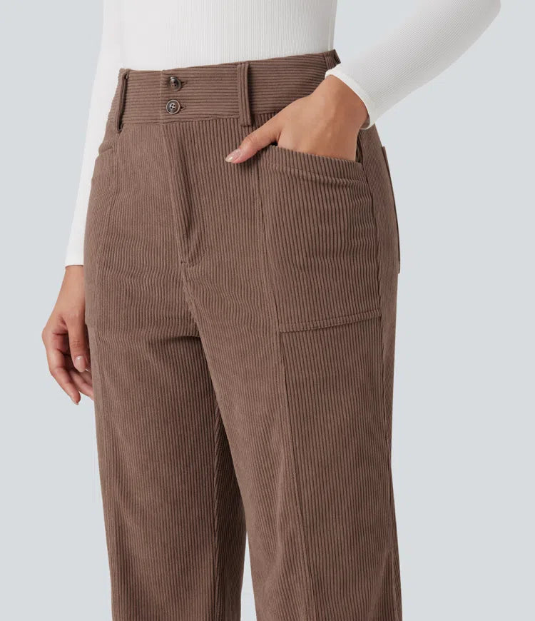 High Waisted Corduroy Casual Straight Leg Trousers with Pockets