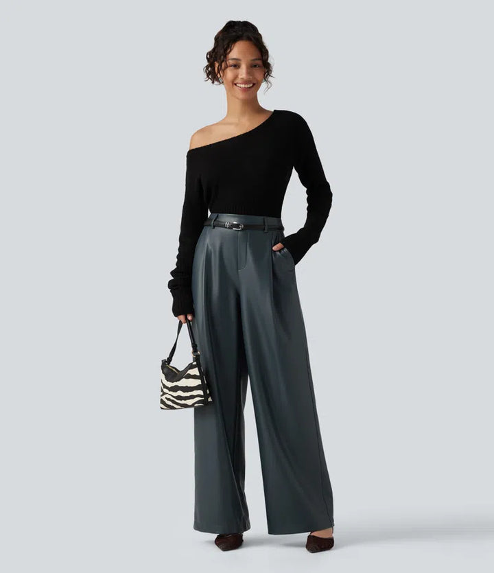 High Waisted Wide Leg Stretchy PU Fleece Casual Trousers with Pockets