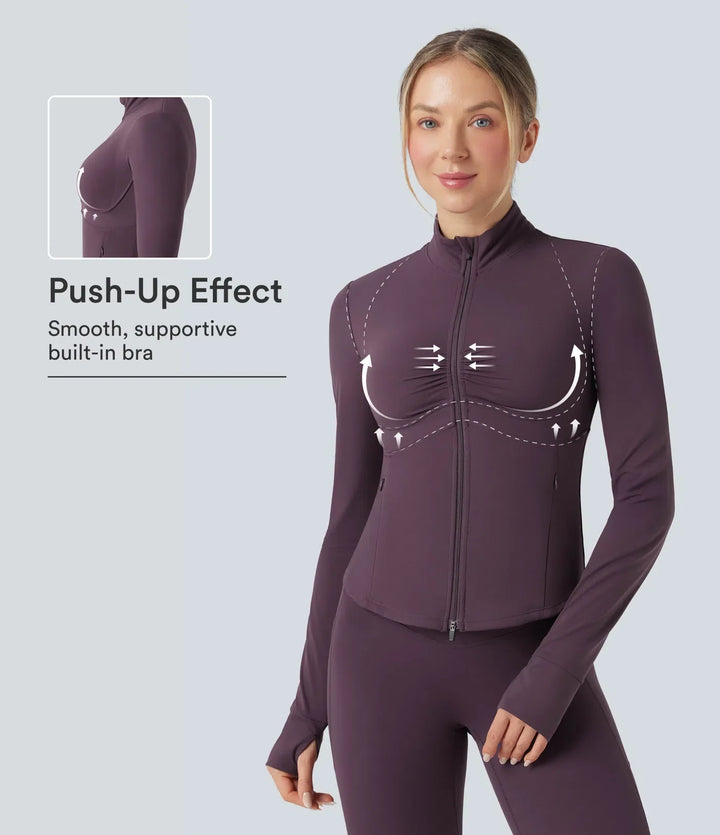 Halara UltraSculpt Mock Neck Ruched Push-Up Long Sleeve Thumb Hole Yoga Jacket with Pockets