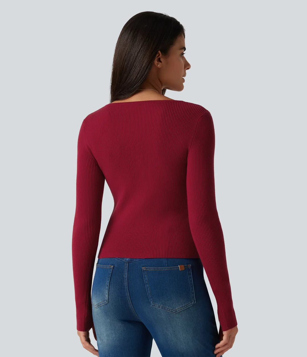 Square Neck Long Sleeve Thumb Hole Casual Jumper