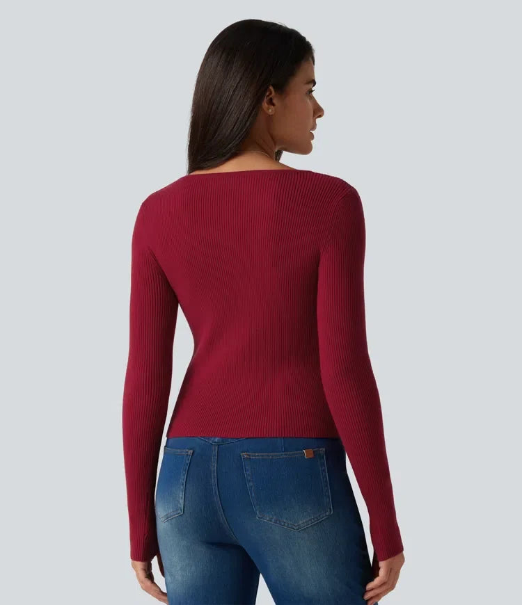 Square Neck Long Sleeve Thumb Hole Casual Jumper