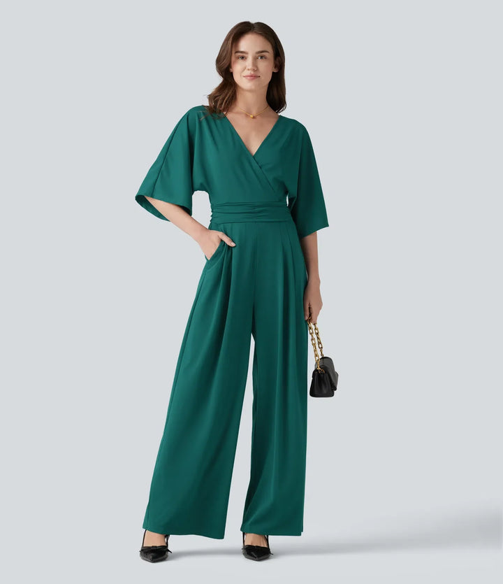 V-neck Half Sleeve Tie-back Work Baggy Jumpsuit with Pockets-Easy Peezy