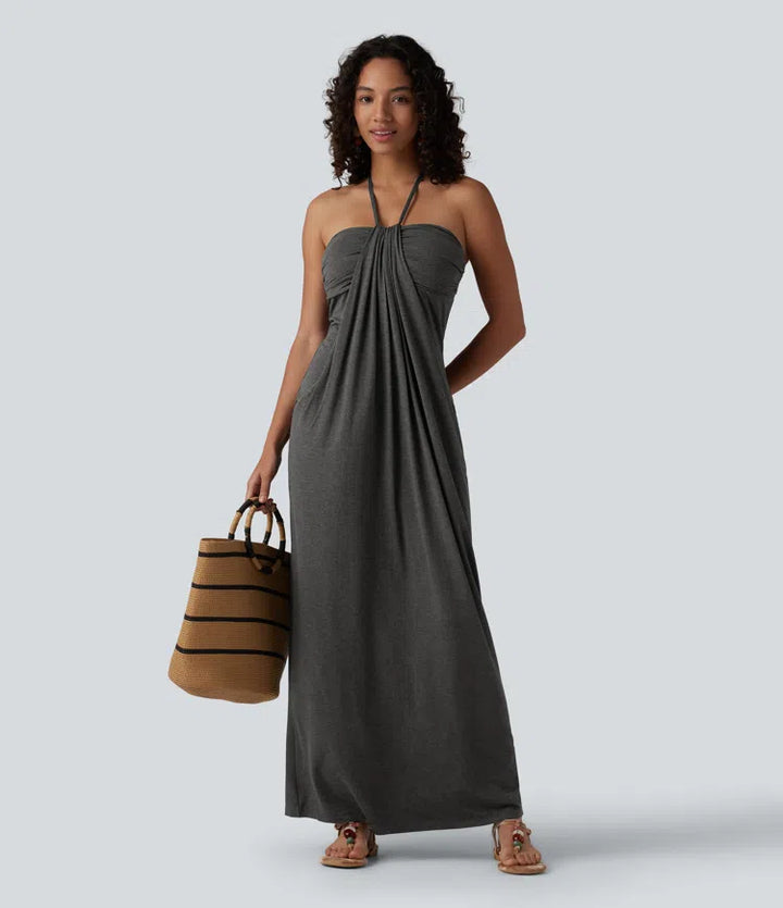 Halter Tie Back Built-in Bra Maxi Dress with Pockets