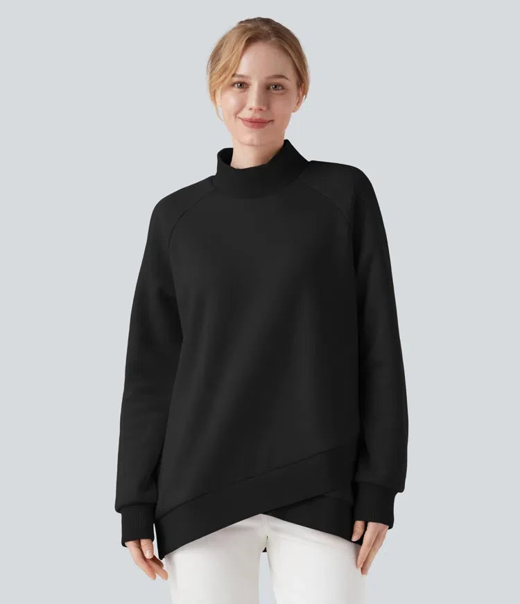 Mock-neck Raglan Long Sleeve Crossover Hem Fleece Casual Sweatshirt