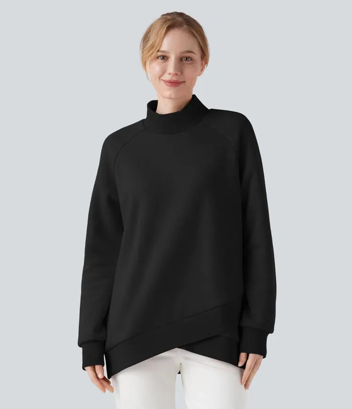 Mock-neck Raglan Long Sleeve Crossover Hem Fleece Casual Sweatshirt