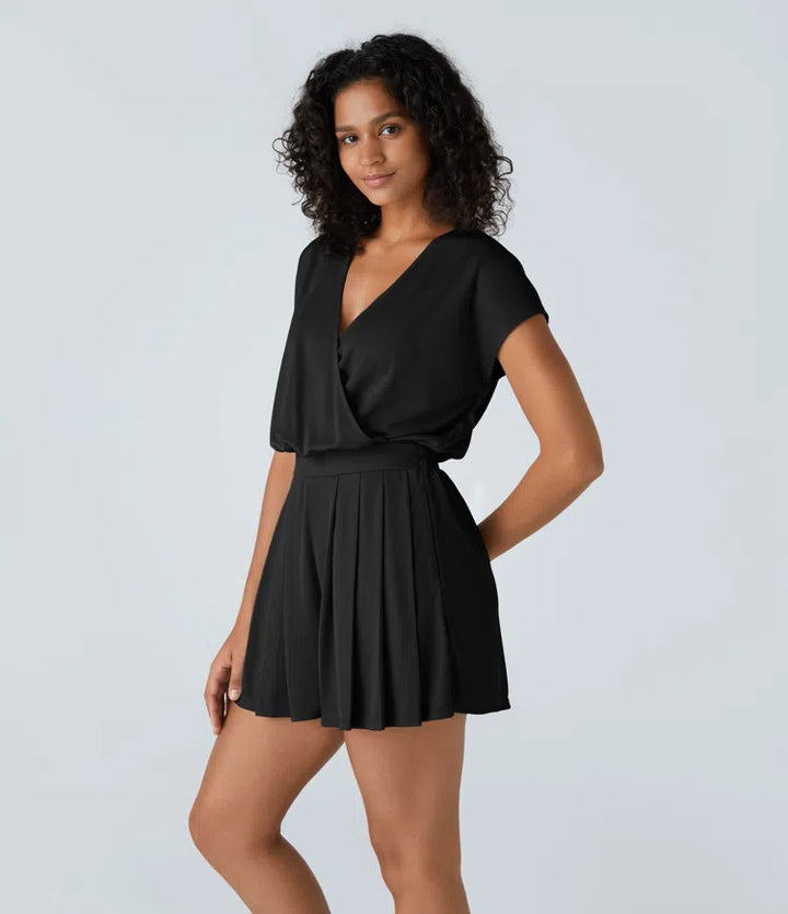 V Neck Short Sleeve Side Pocket Waffle Casual Playsuit