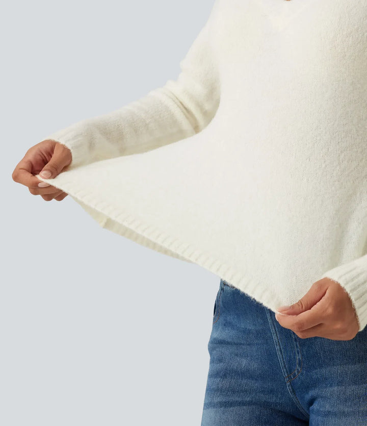 V Neck Long Sleeve Ruffle Hem Slim Casual Jumper