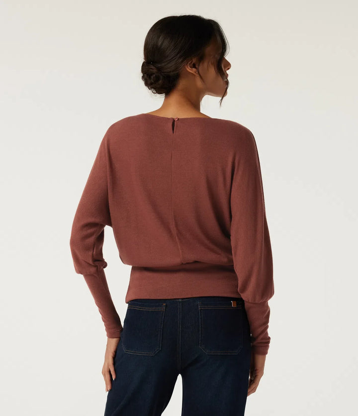 Boat Neck Batwing Long Sleeve Keyhole Back Casual Top