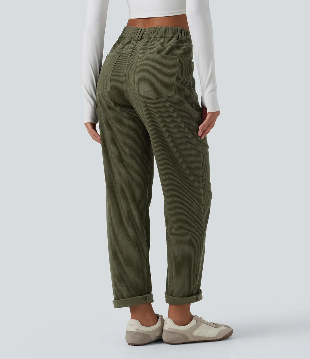 Mid Rise Tapered Corduroy Casual Trousers with Pockets
