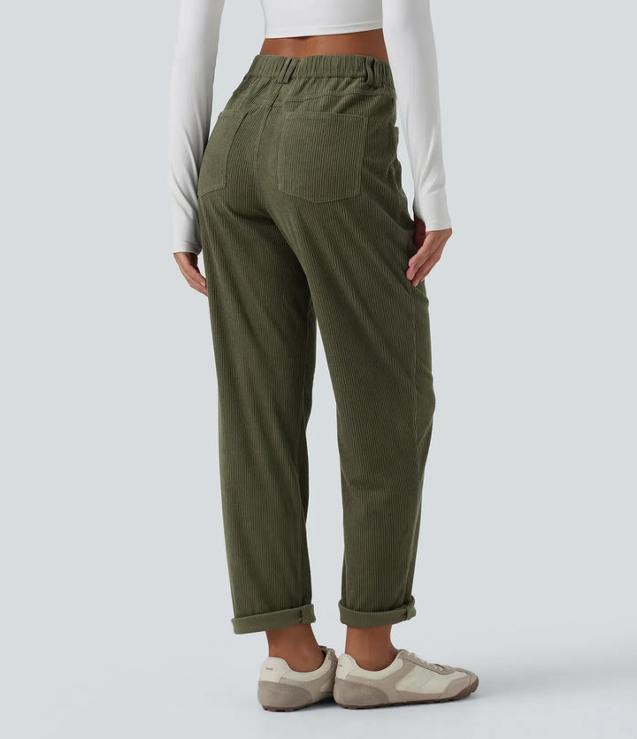 Mid Rise Tapered Corduroy Casual Trousers with Pockets