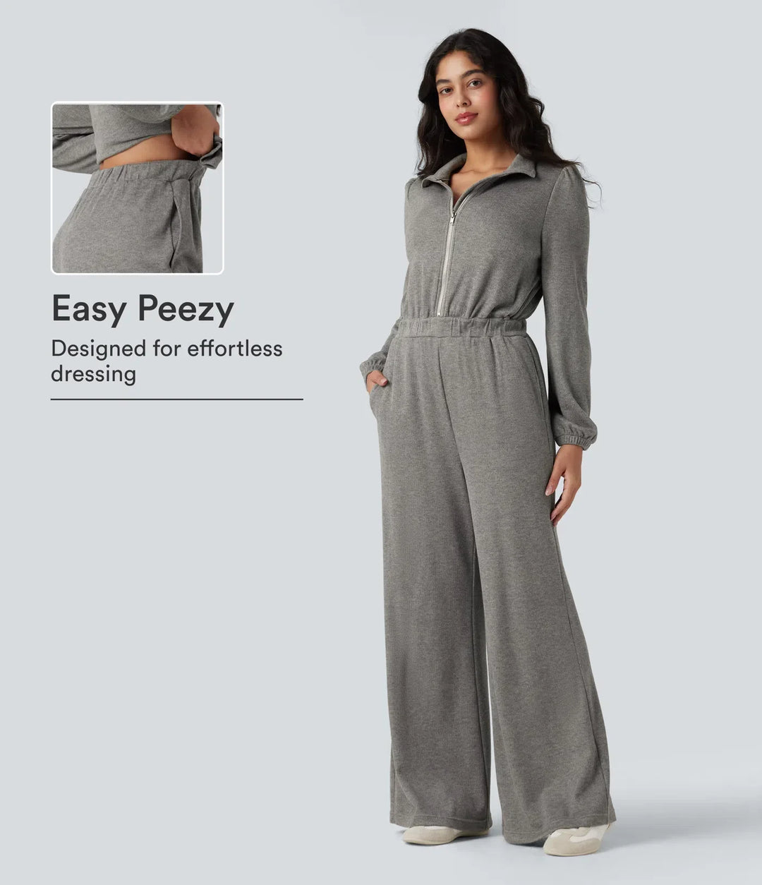 Half Zip Long Sleeve Wide Leg Casual Jumpsuit with Pockets-Easy Peezy Edition