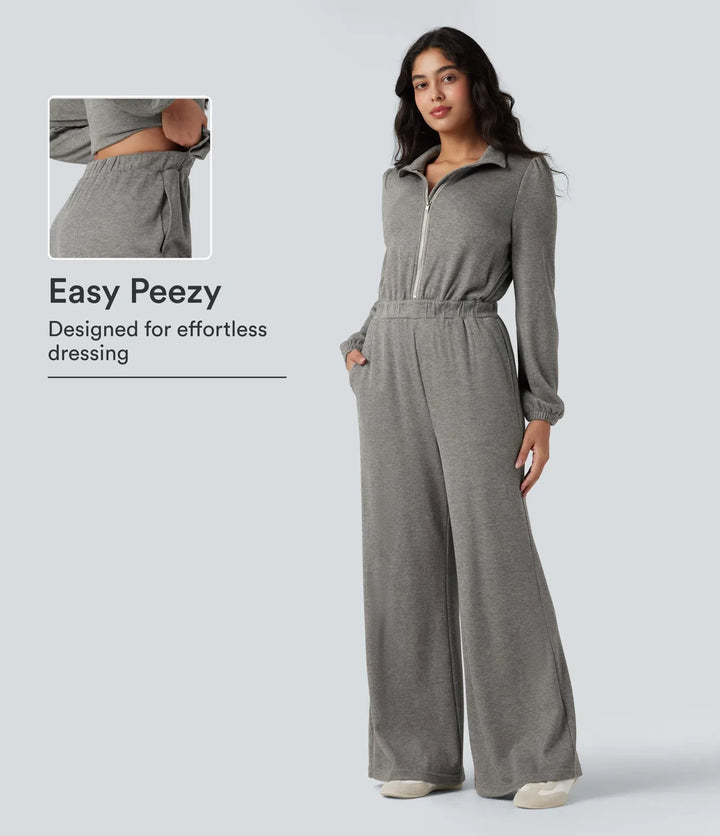 Half Zip Long Sleeve Wide Leg Casual Jumpsuit with Pockets-Easy Peezy Edition