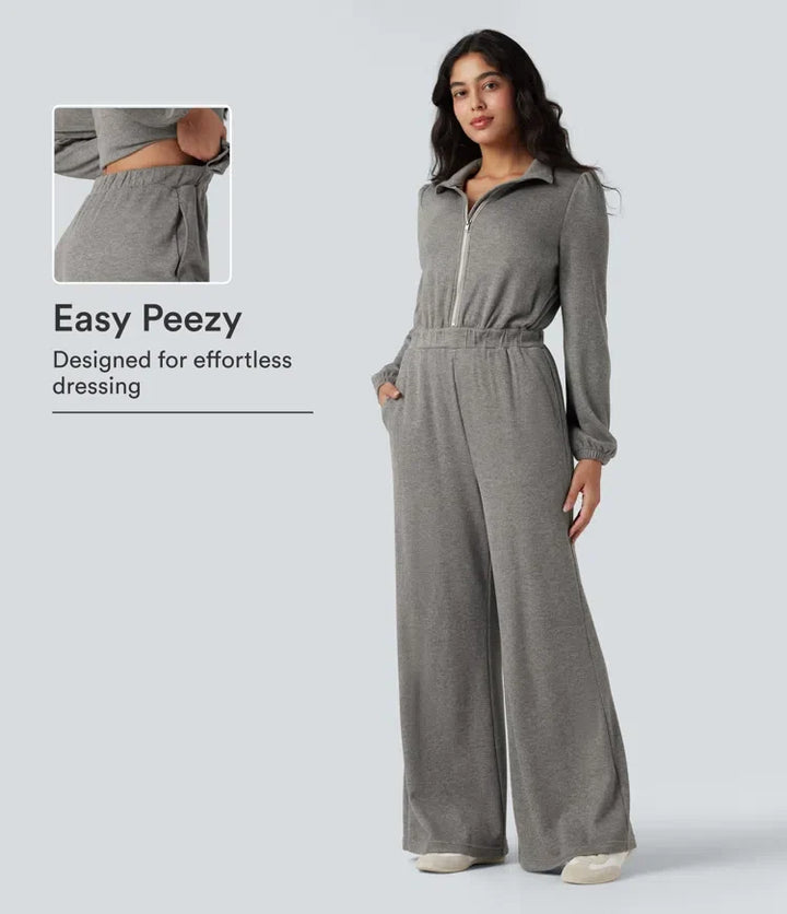 Half Zip Long Sleeve Wide Leg Casual Jumpsuit with Pockets-Easy Peezy Edition
