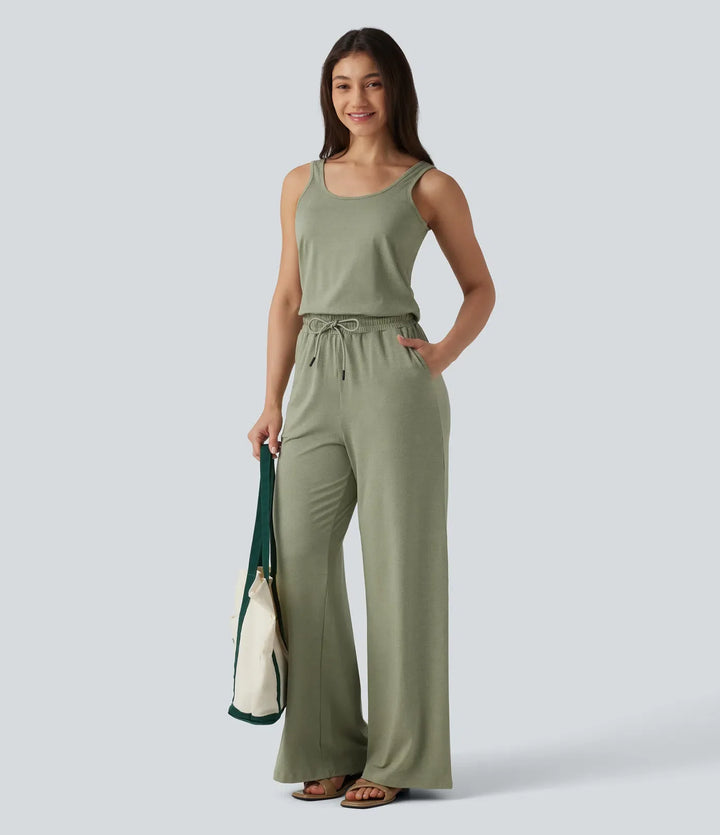 U-Neck Sleeveless Drawstring Heathered Casual Baggy Jumpsuit with Pockets-Easy Peezy