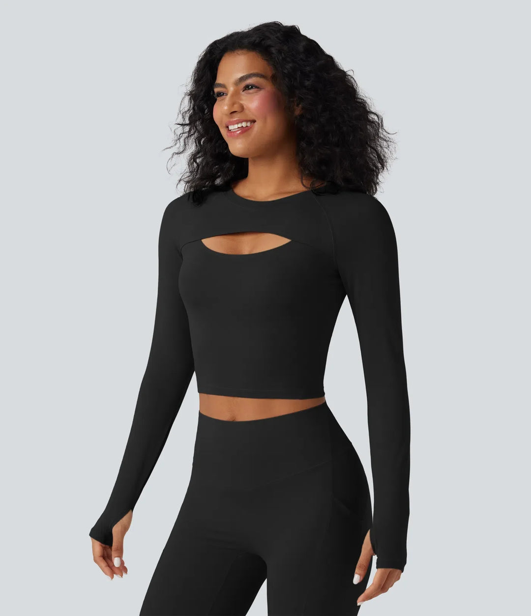SoftlyZero QuickDry Cut Out Long Sleeve Thumb Hole Cropped Yoga Sports Top