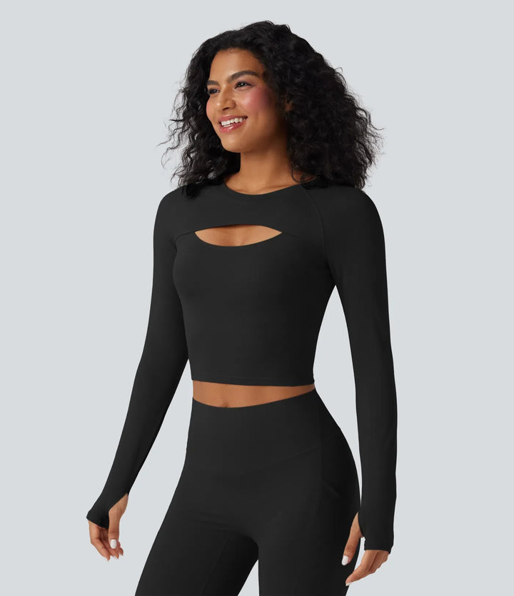 SoftlyZero QuickDry Cut Out Long Sleeve Thumb Hole Cropped Yoga Sports Top