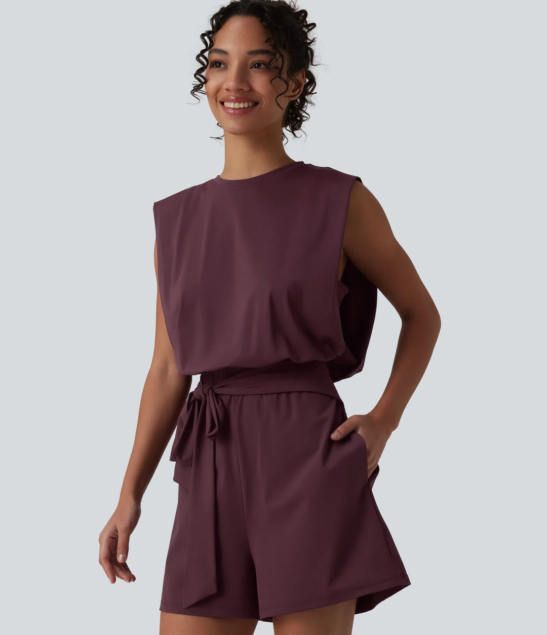 Round Neck Sleeveless Tie-front InstantCool Casual Playsuit with Pockets-Easy Peezy-UPF50+