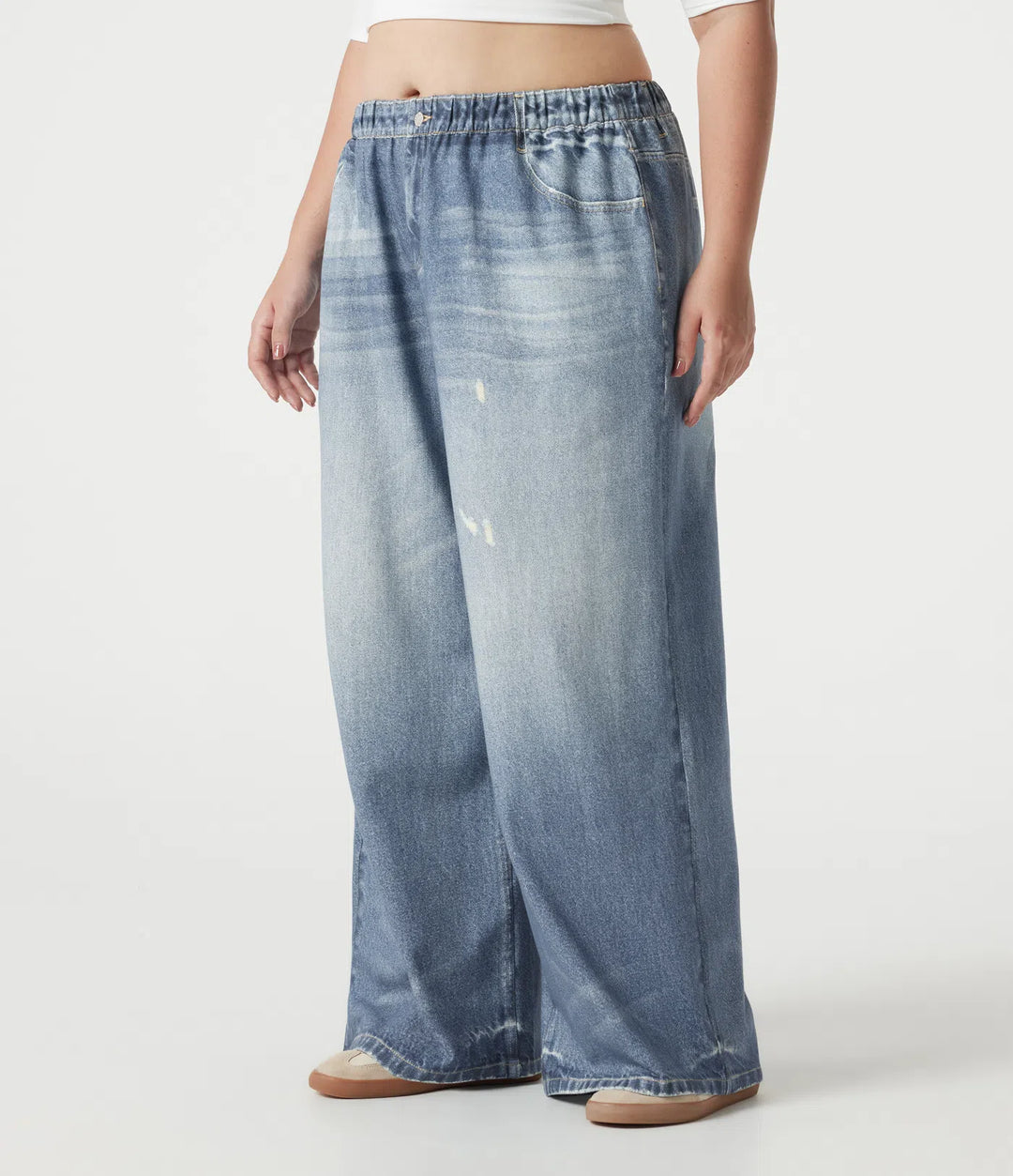 Plus Size Mid Rise Denim Print French Terry Casual Sweattrousers Jeans with Pockets