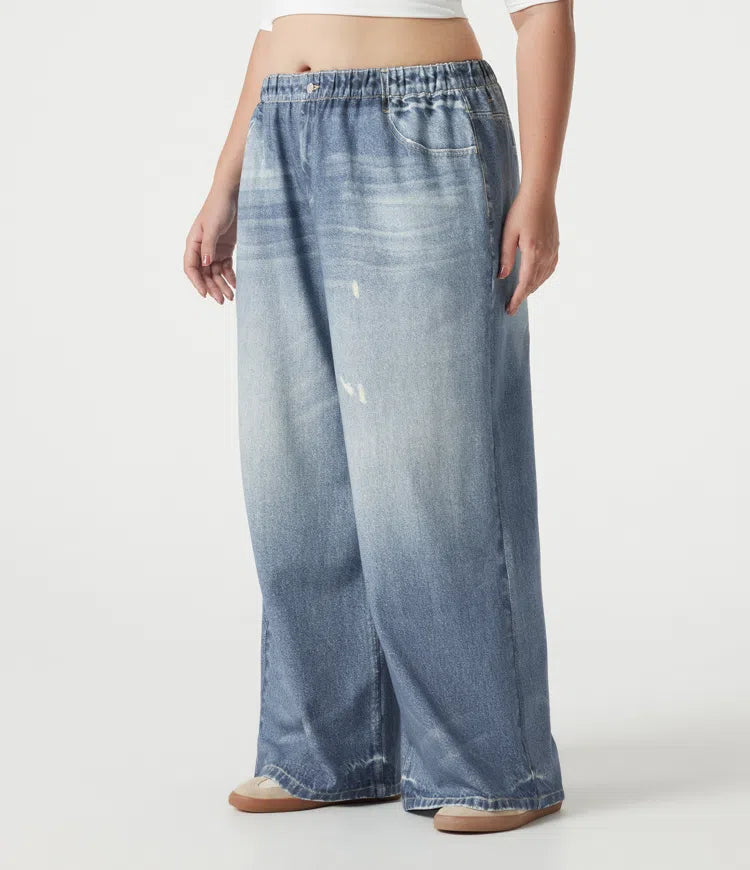 Plus Size Mid Rise Denim Print French Terry Casual Sweattrousers Jeans with Pockets