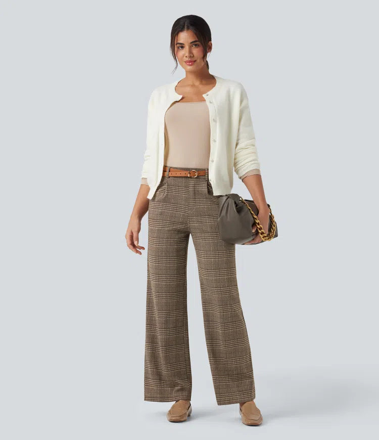 Halara Flex High Waisted Straight Leg Houndstooth Plaid Work Trousers with Pockets