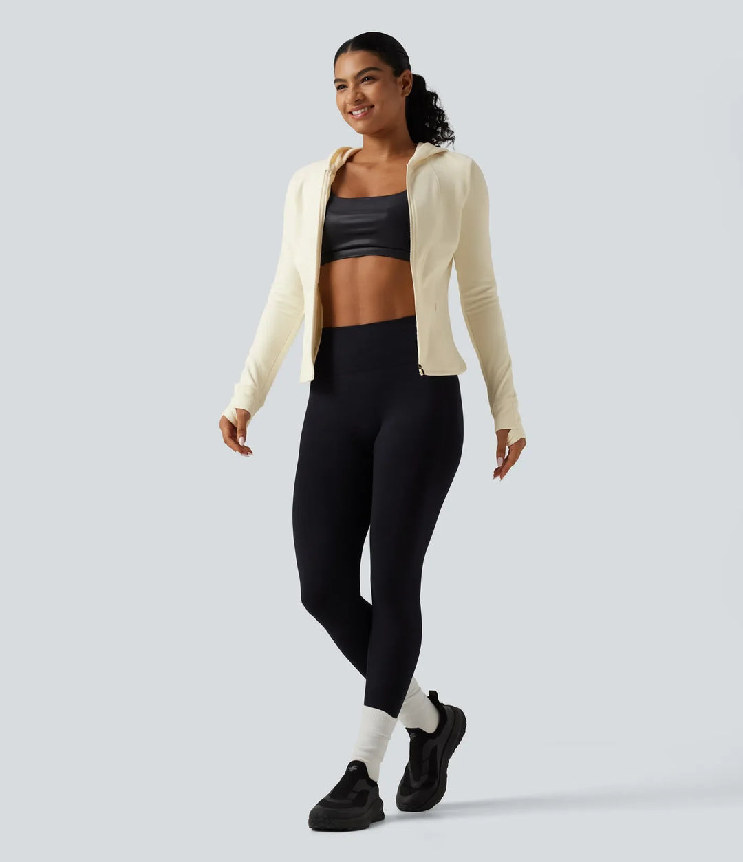 Stand Collar Long Sleeve Fleece Slim Yoga Track Jacket with Thumb Hole and Pockets