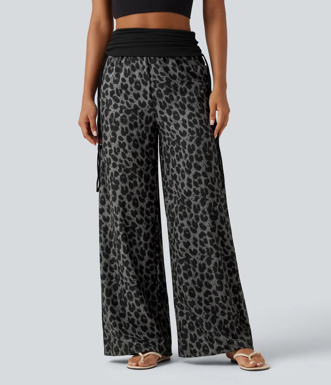 Foldover High Waisted Ruched Drawstring Baggy Leopard Print Casual Trousers with Pockets