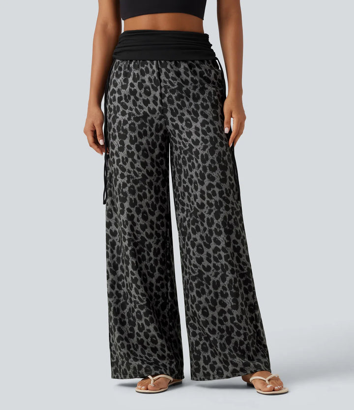 Foldover High Waisted Ruched Drawstring Baggy Leopard Print Casual Trousers with Pockets