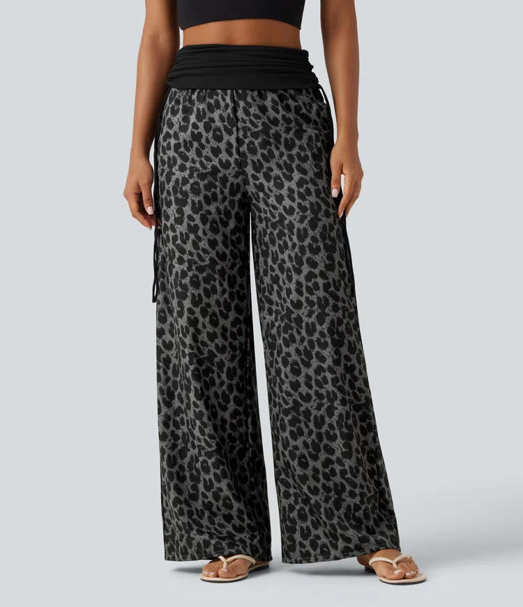 Foldover High Waisted Ruched Drawstring Baggy Leopard Print Casual Trousers with Pockets