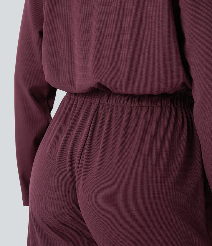 Off Shoulder Long Sleeve Pocket Waffle Casual Jumpsuit