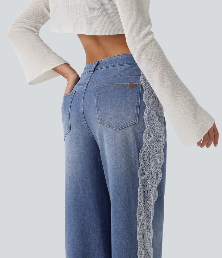 Halara Flex High Waisted Contrast Lace Baggy Casual Jeans with Pockets