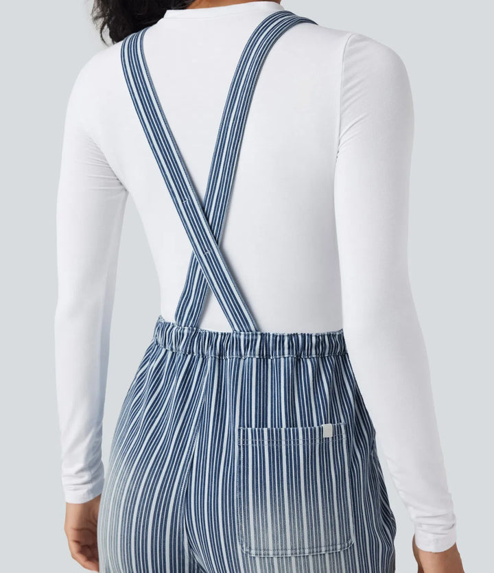 Halara Flex Drawstring Stripe Straight Leg Denim Casual Overalls with Pockets