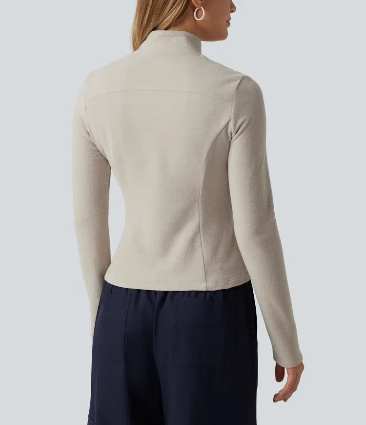 Stand Collar Long Sleeve Fleece Casual Jacket with Pockets