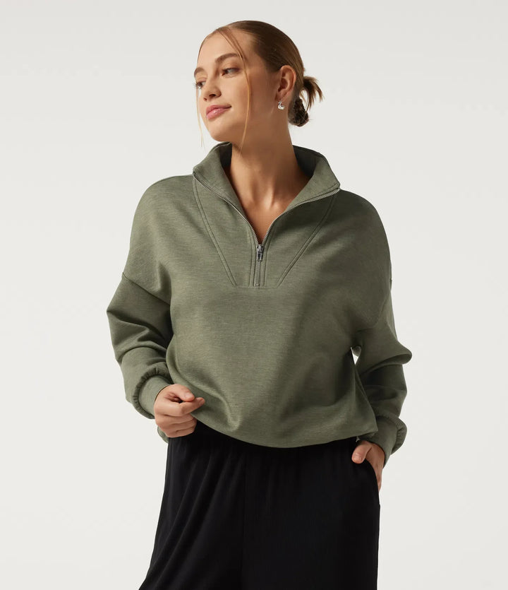 Mock Neck Dropped Half Zip Long Sleeve Casual Sweatshirt
