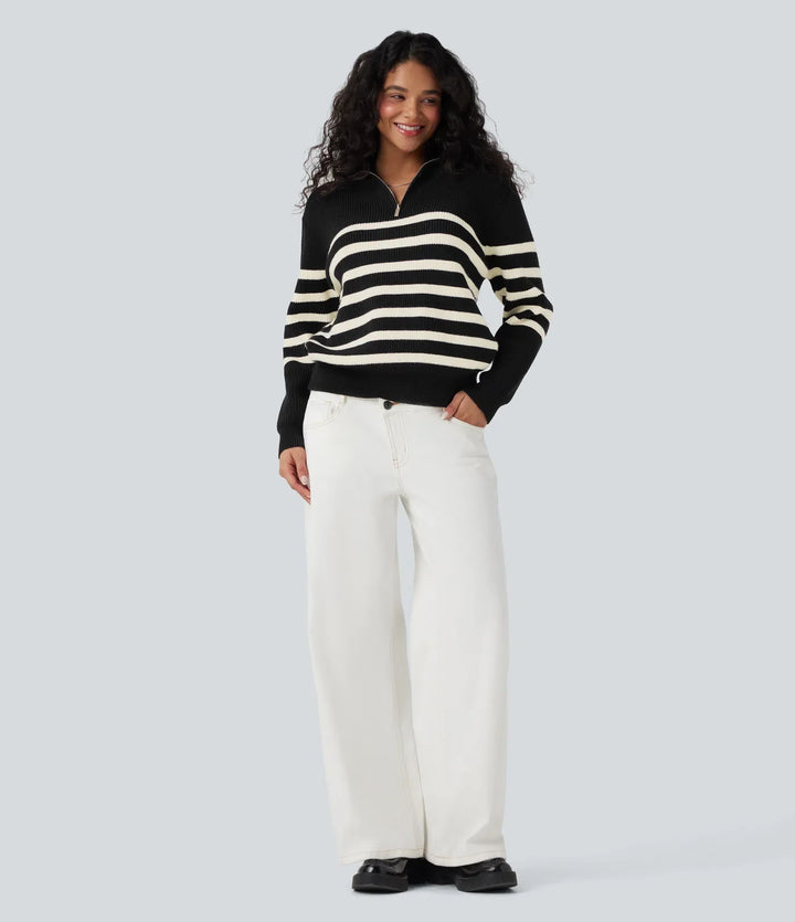 Half Zip Lapel Color Block Striped Casual Jumper