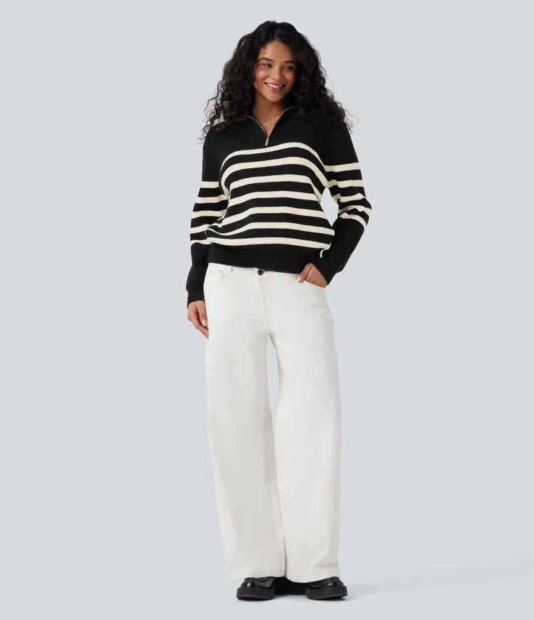 Half Zip Lapel Color Block Striped Casual Jumper