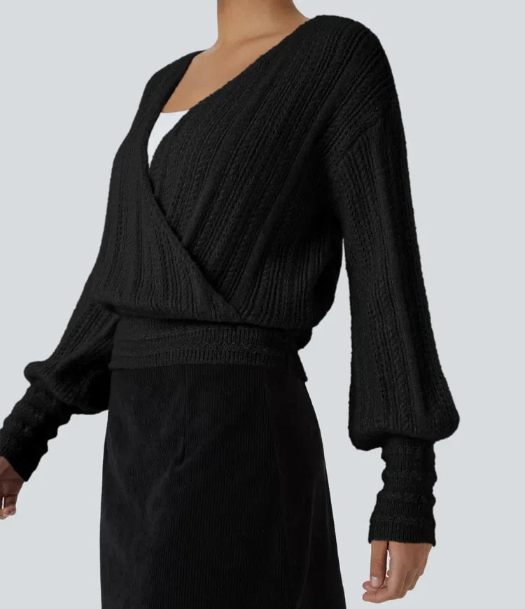 Sheer V Neck Long Sleeve Work Jumper-Front and Back Wearable