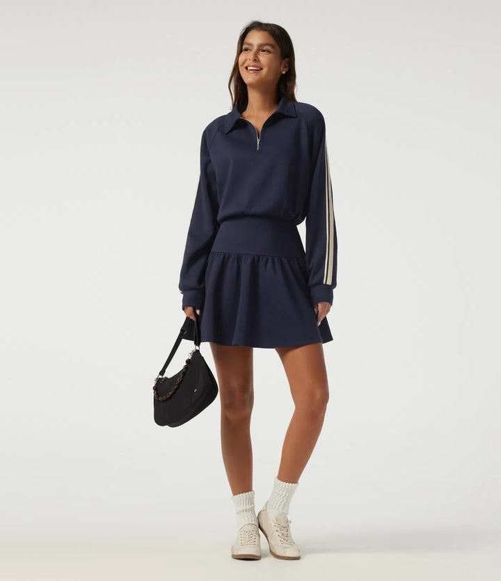 Lapel Long Sleeve Raglan Side Stripe Casual Mini Sweatshirt Dress