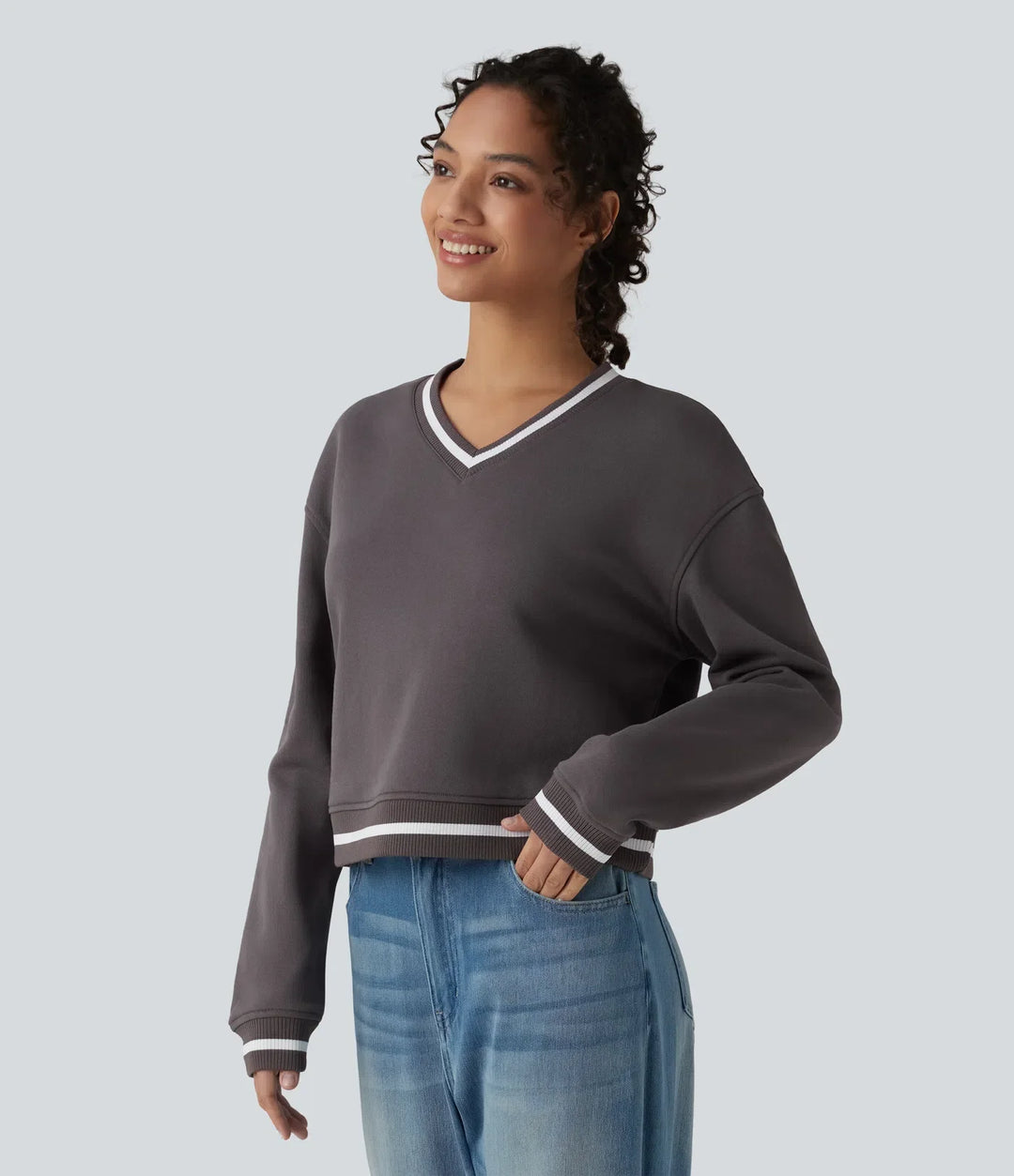 V Neck Long Sleeve Color Block Casual Cotton Sweatshirt
