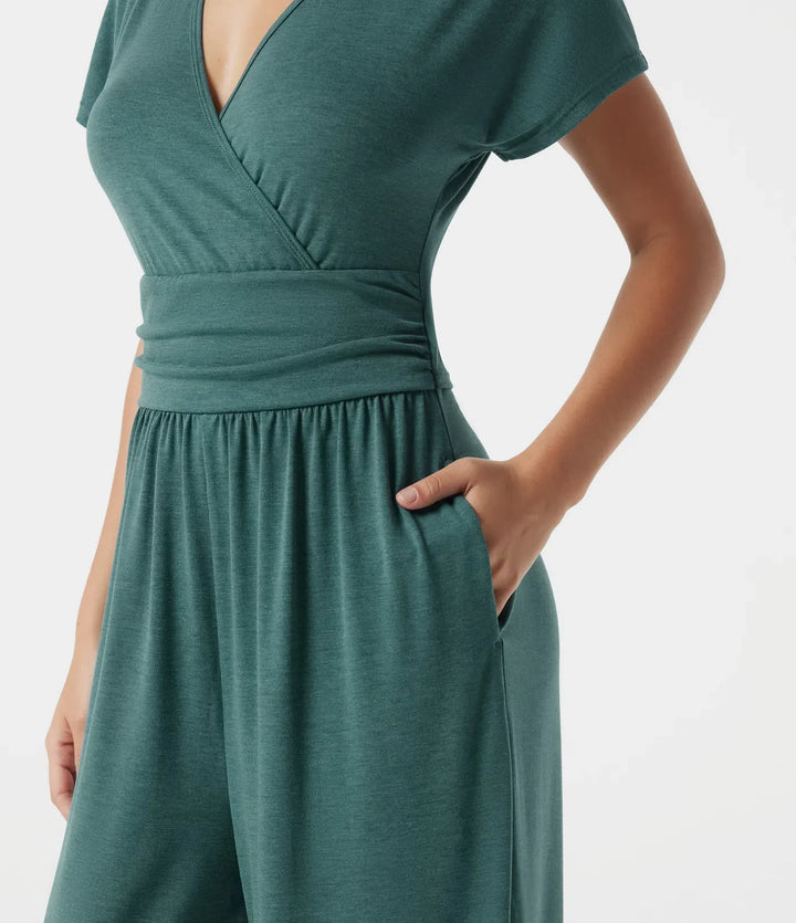 V Neck Batwing Sleeve Ruched Casual Jumpsuit with Pockets-Easy Peezy Edition