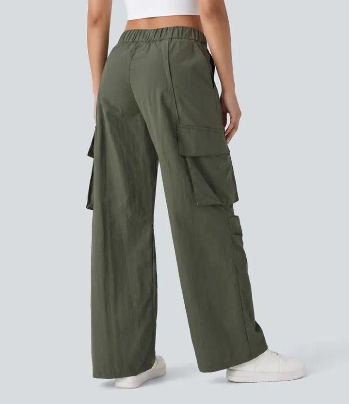 Mid Rise Button Zipper Side Pocket Wide Leg Baggy Casual Cargo Trousers