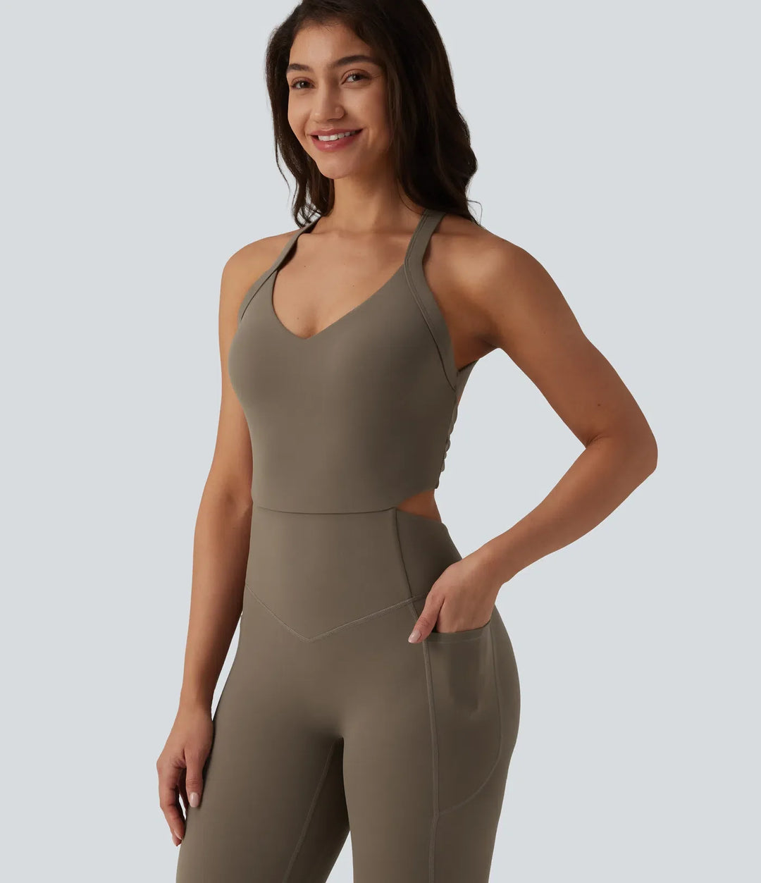 Halara UltraSculpt Twisted Backless Tummy Control Butt Lifting Bootcut Workout Jumpsuit with Pockets-Easy Peezy Edition